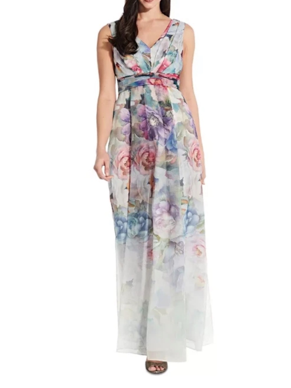 Adrianna Papell Printed Watercolor Organza Floral Maxi Dress Gown Sleeveless